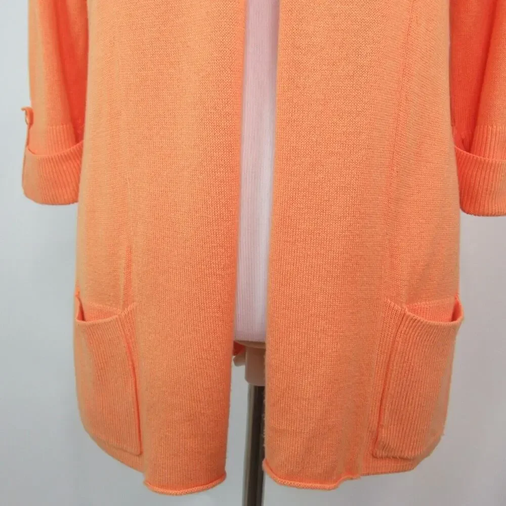 CHICO’S Orange Cotton Blend Open Front Lightweight Casual Cardigan Size Small